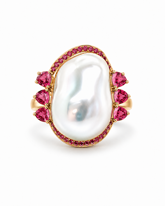 18K Yellow Gold Baroque Pearl & Pink Sapphire Statement Ring