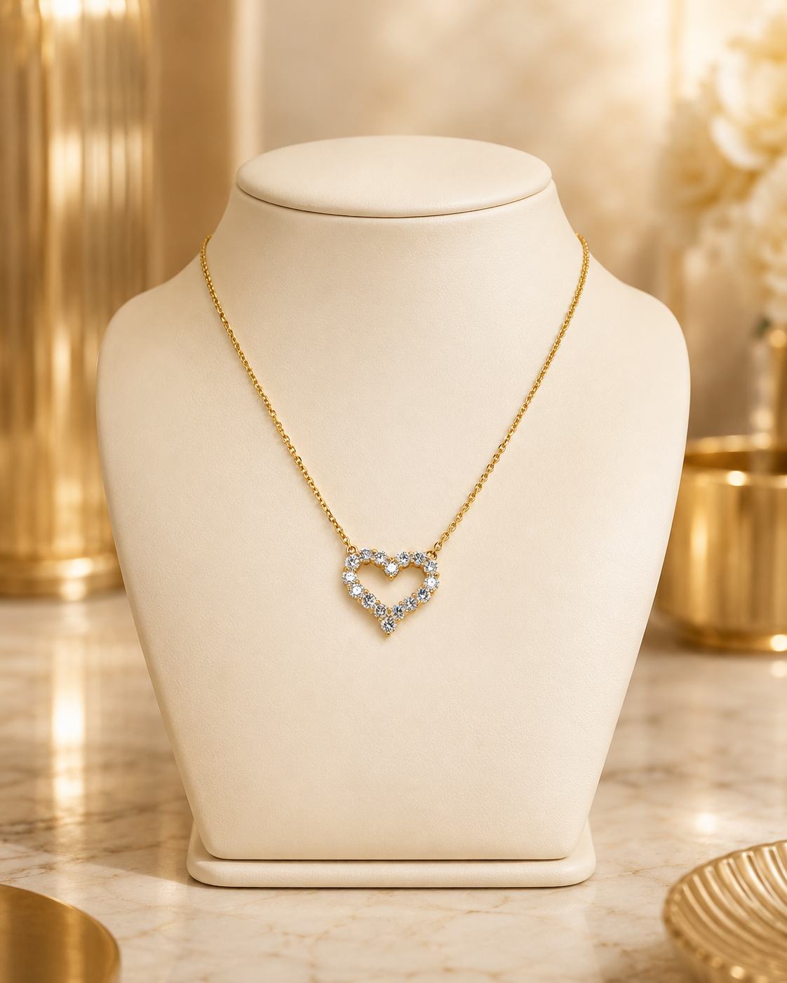 Yellow Gold Diamond Open Heart Pendant Necklace