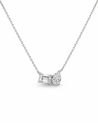 White Gold Emerald and Pear-Cut Two-Stone Diamond Necklace