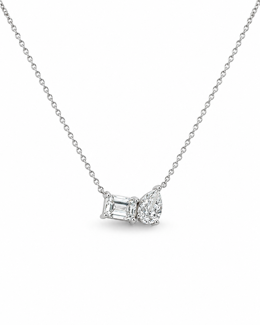 White Gold Emerald and Pear-Cut Two-Stone Diamond Necklace