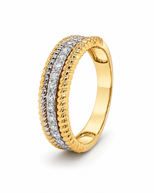 Two-Tone Gold Diamond Rope-Edge Band Ring