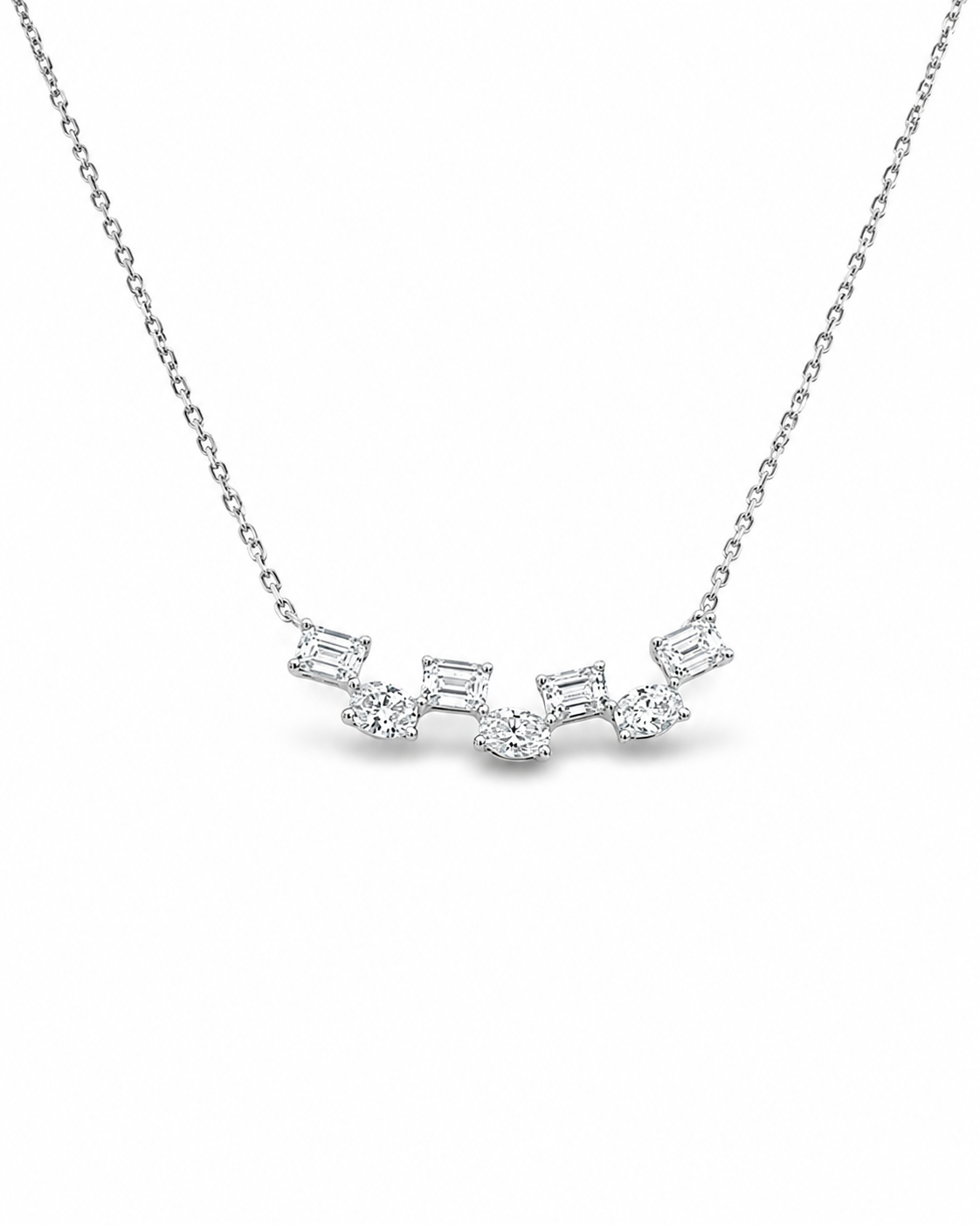 White Gold Emerald & Round Diamond Station Necklace