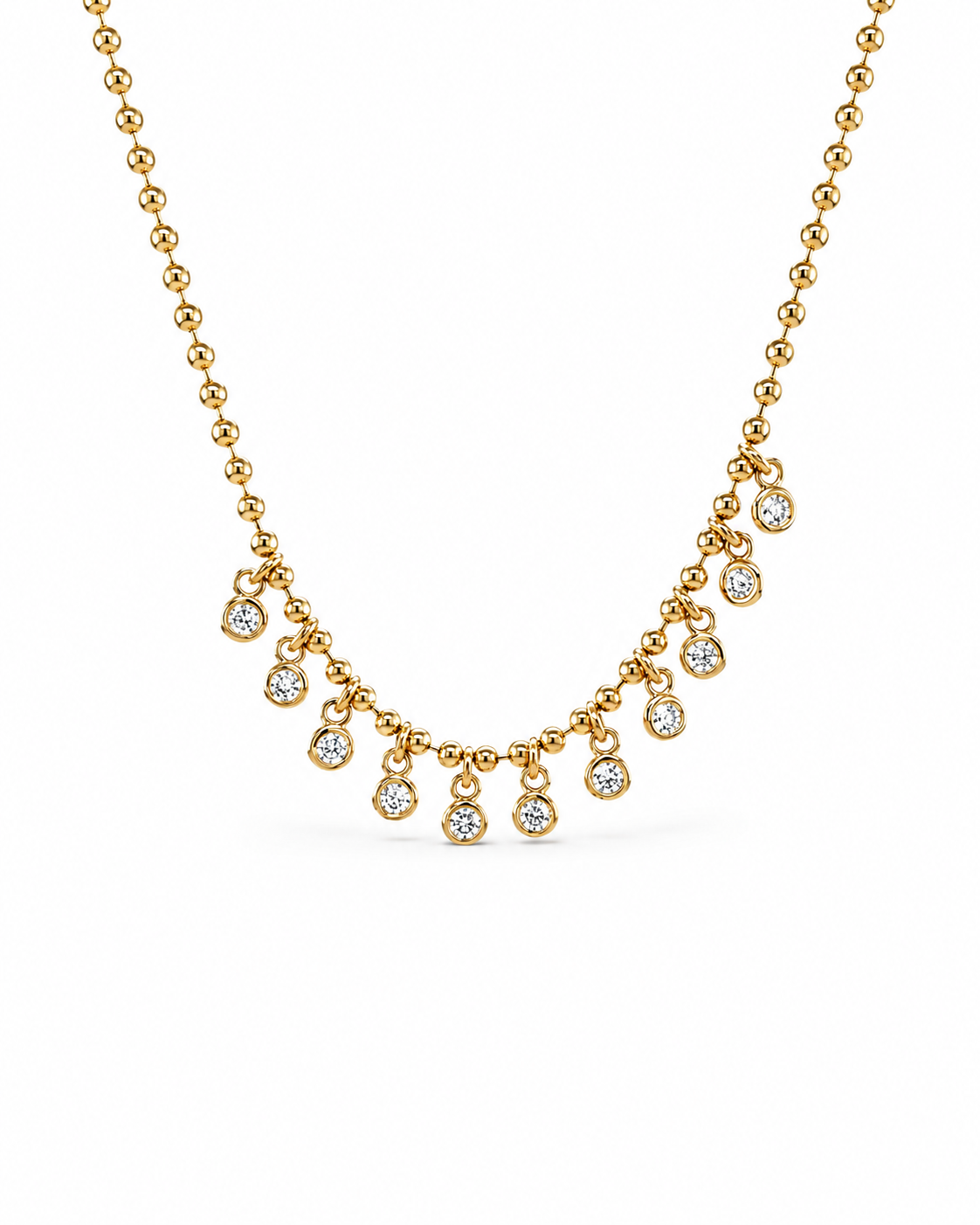 Yellow Gold Beaded Necklace with Eleven Diamond Drops