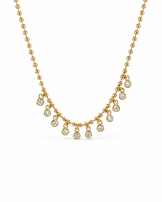 Yellow Gold Beaded Necklace with Eleven Diamond Drops