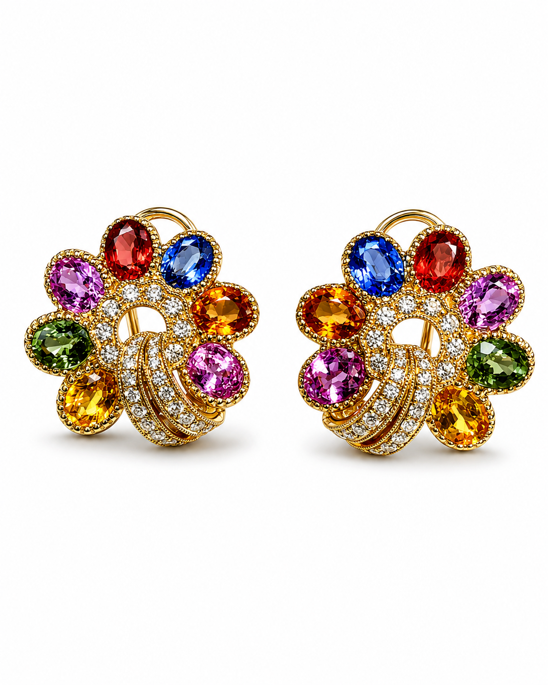 Rainbow Sapphire Floral Gold Earrings