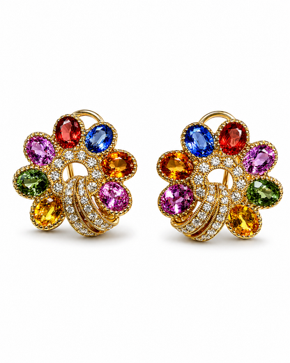 Rainbow Sapphire Floral Gold Earrings