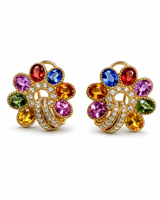 Rainbow Sapphire Floral Gold Earrings