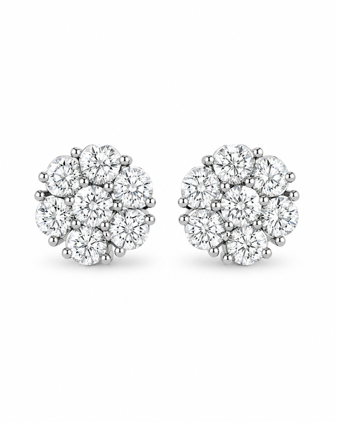 Round Brilliant Diamond Cluster Stud Earrings in White Gold