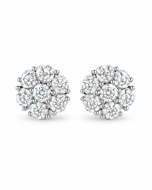 Round Brilliant Diamond Cluster Stud Earrings in White Gold