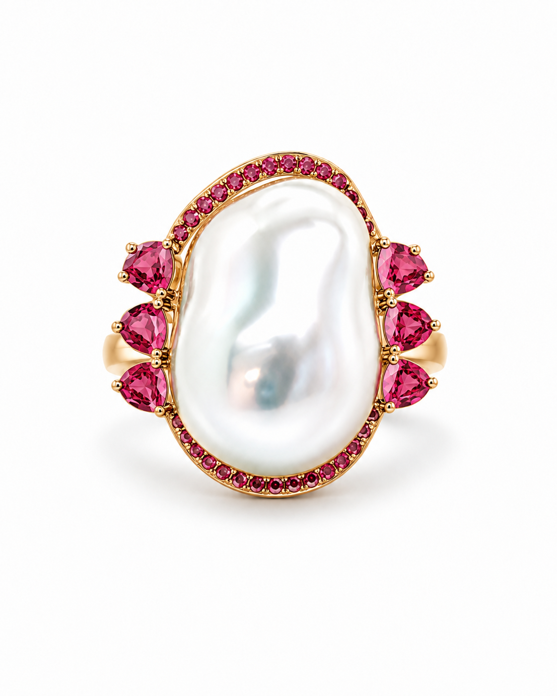 18K Yellow Gold Baroque Pearl & Pink Sapphire Statement Ring