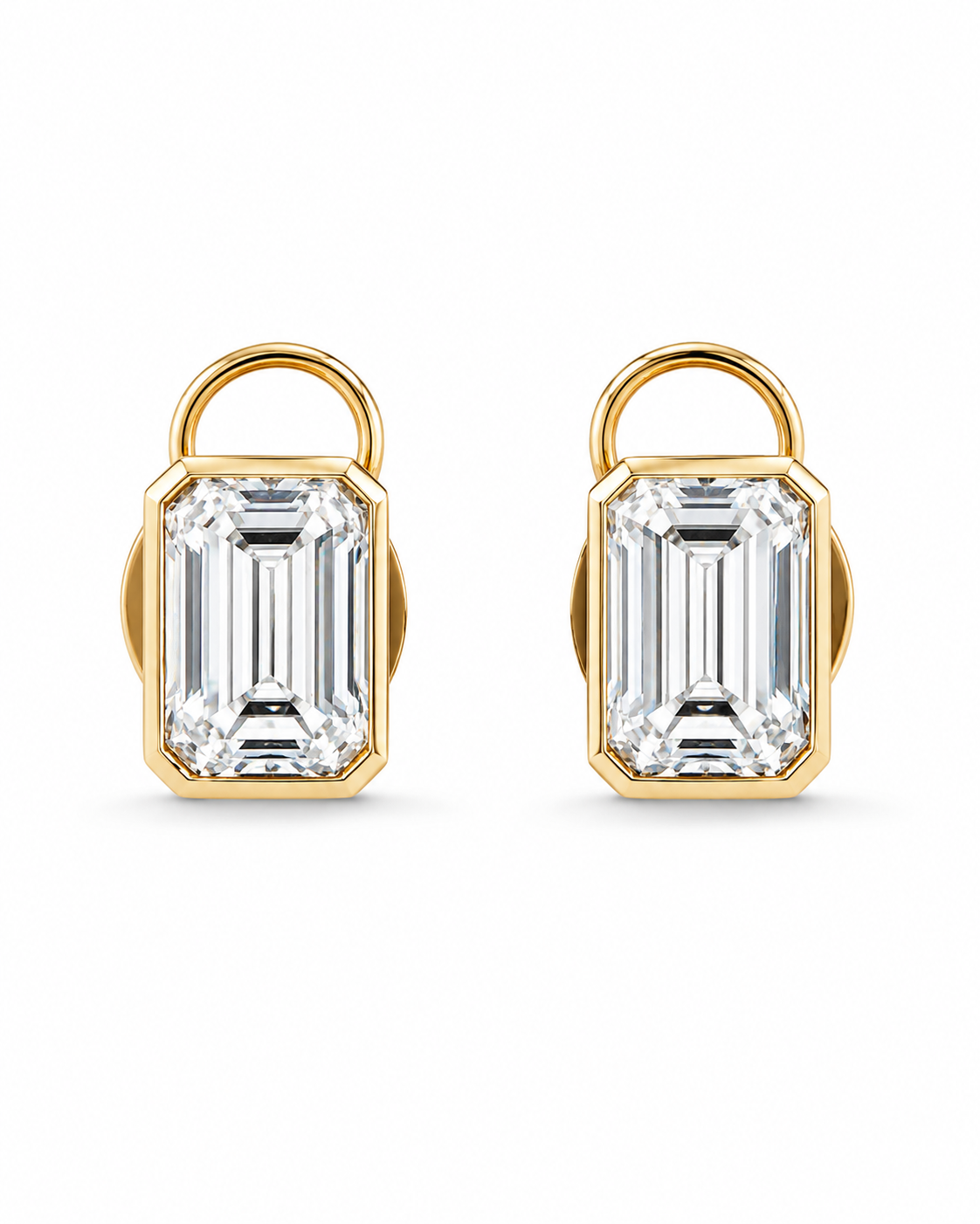 Emerald-Cut Diamond Stud Earrings in Yellow Gold Bezel Setting