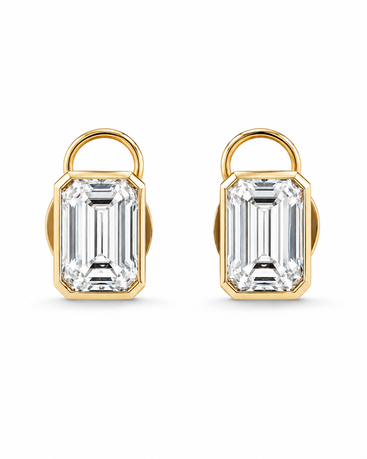 Emerald-Cut Diamond Stud Earrings in Yellow Gold Bezel Setting
