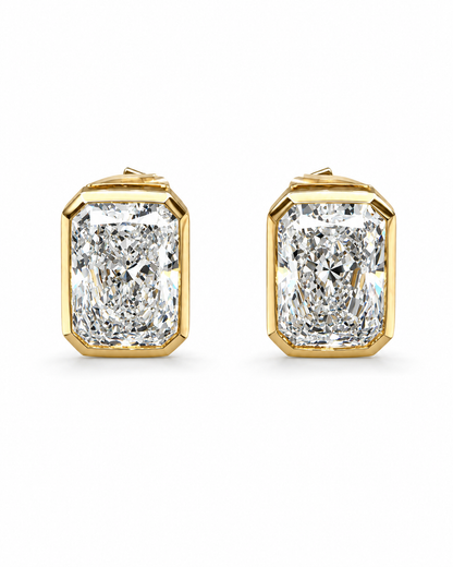 Radiant-Cut Diamond Stud Earrings in Yellow Gold Bezel Setting