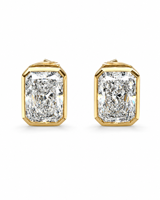 Radiant-Cut Diamond Stud Earrings in Yellow Gold Bezel Setting