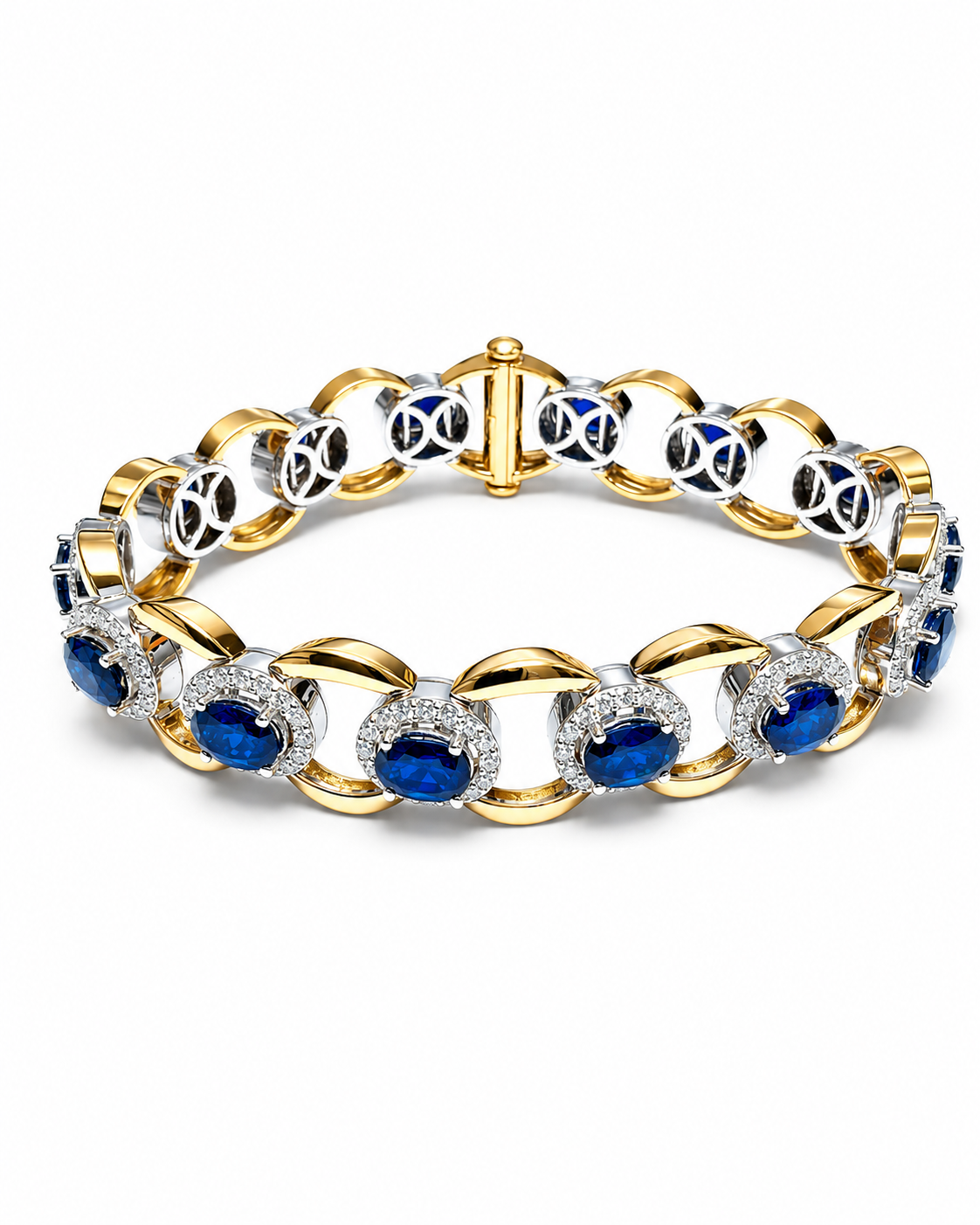 Oval Blue Sapphire & Diamond Halo Link Bracelet in Yellow Gold