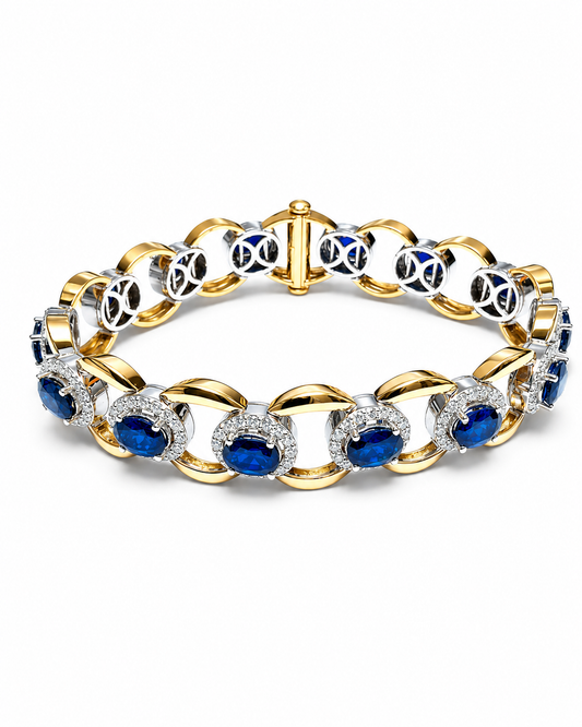 Oval Blue Sapphire & Diamond Halo Link Bracelet in Yellow Gold