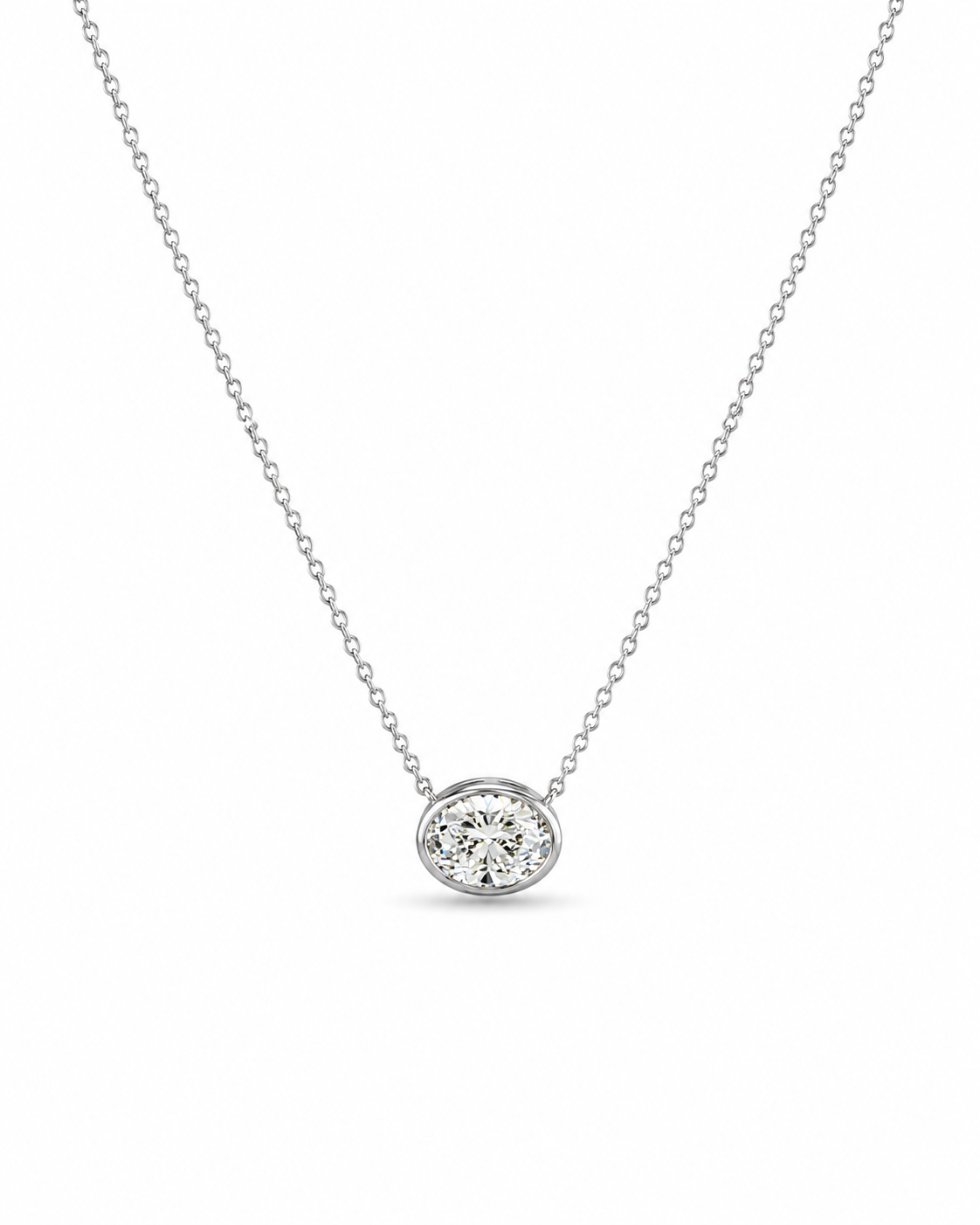Oval Diamond Bezel Pendant Necklace in White Gold