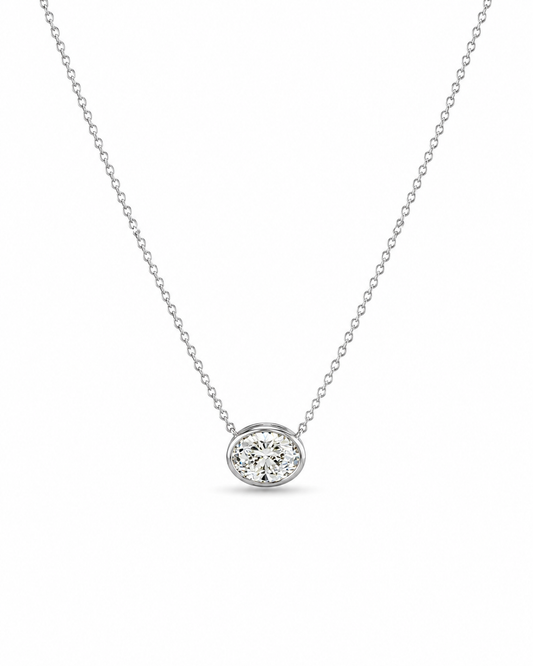Oval Diamond Bezel Pendant Necklace in White Gold