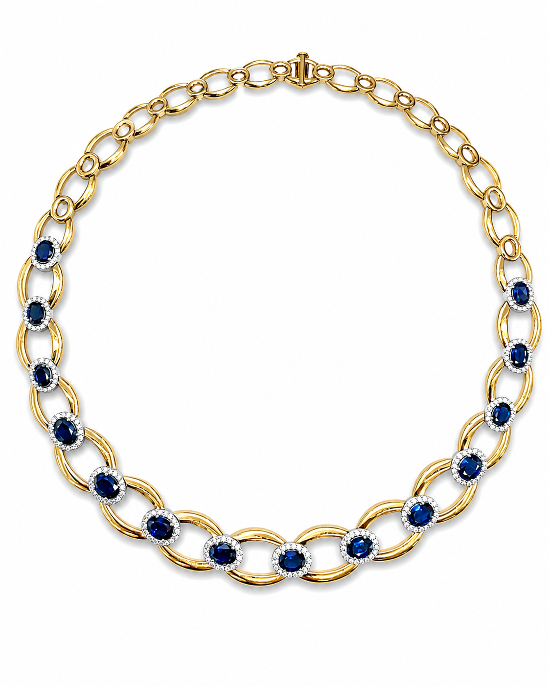 Blue Sapphire & Diamond Halo Gold Link Necklace