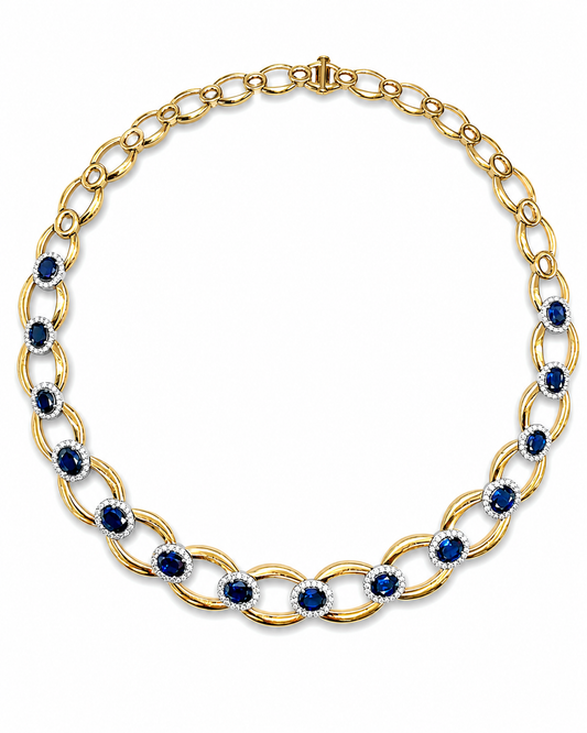 Blue Sapphire & Diamond Halo Gold Link Necklace