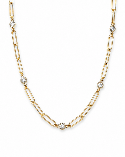 Yellow Gold Paperclip Link Necklace with Bezel-Set Diamonds