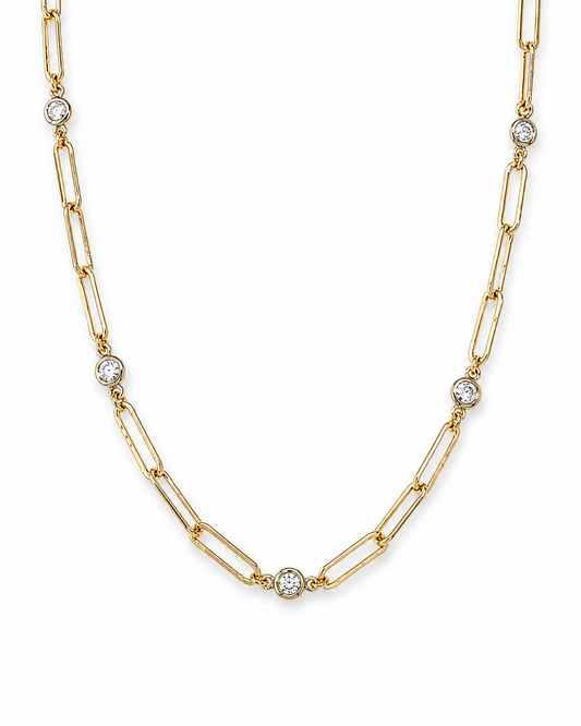 Yellow Gold Paperclip Link Necklace with Bezel-Set Diamonds