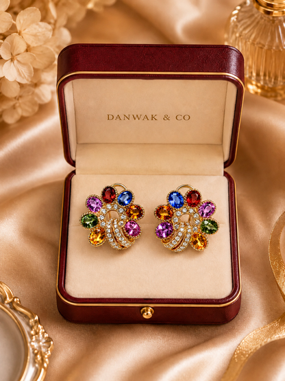 Rainbow Sapphire Floral Gold Earrings