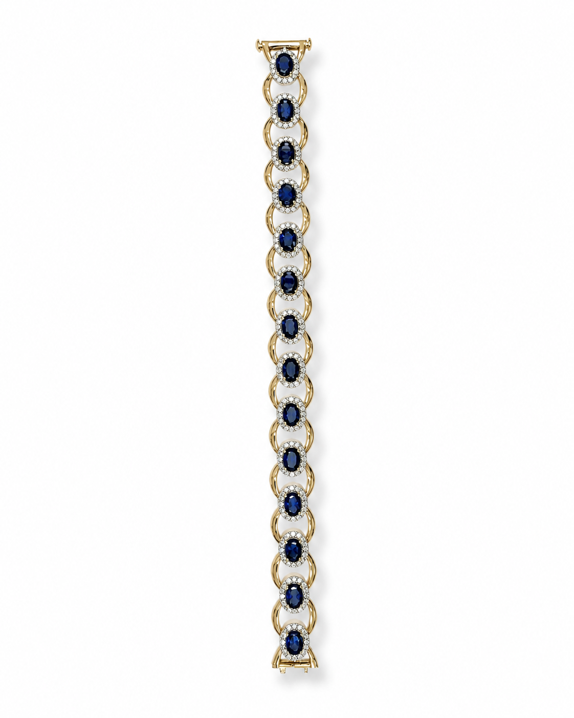 Oval Blue Sapphire & Diamond Halo Link Bracelet in Yellow Gold