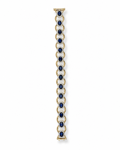 Oval Blue Sapphire & Diamond Halo Link Bracelet in Yellow Gold