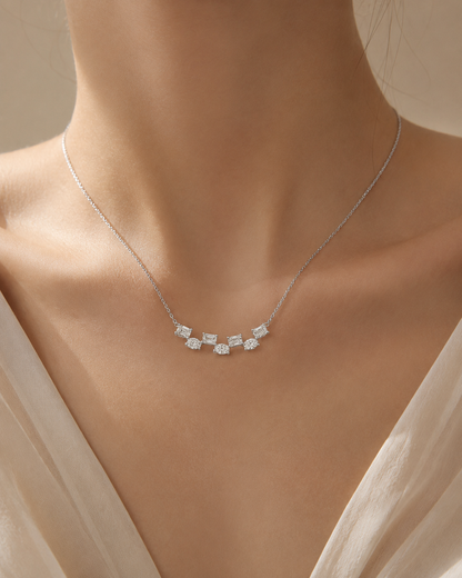 White Gold Emerald & Round Diamond Station Necklace