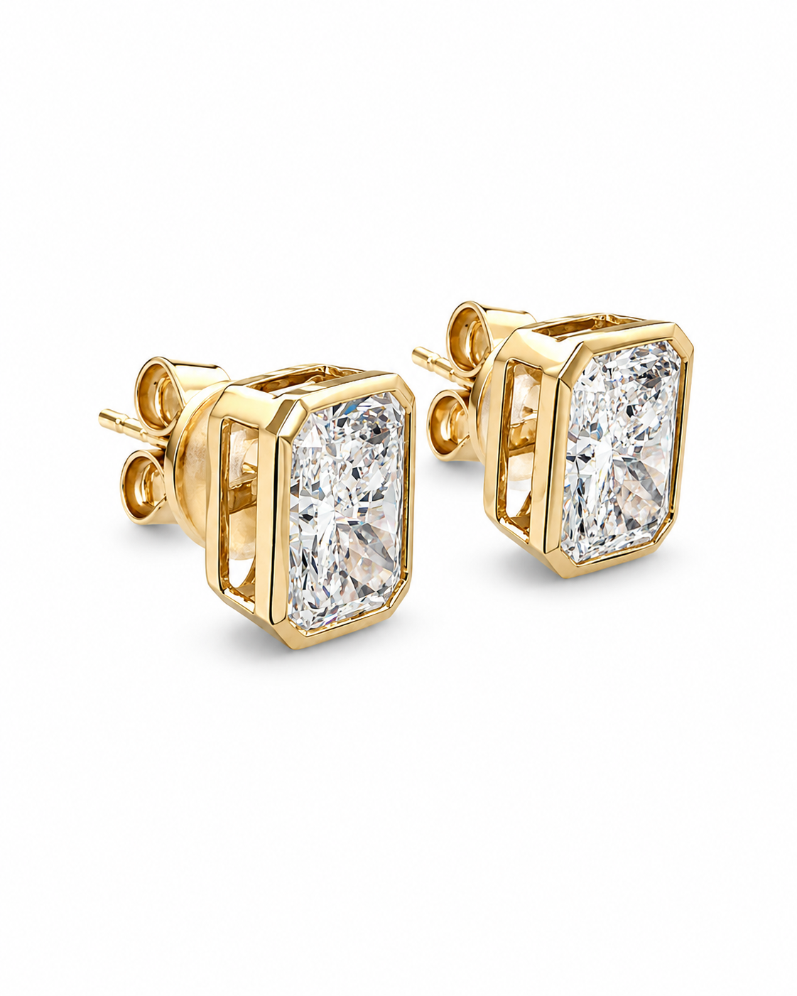 Radiant-Cut Diamond Stud Earrings in Yellow Gold Bezel Setting