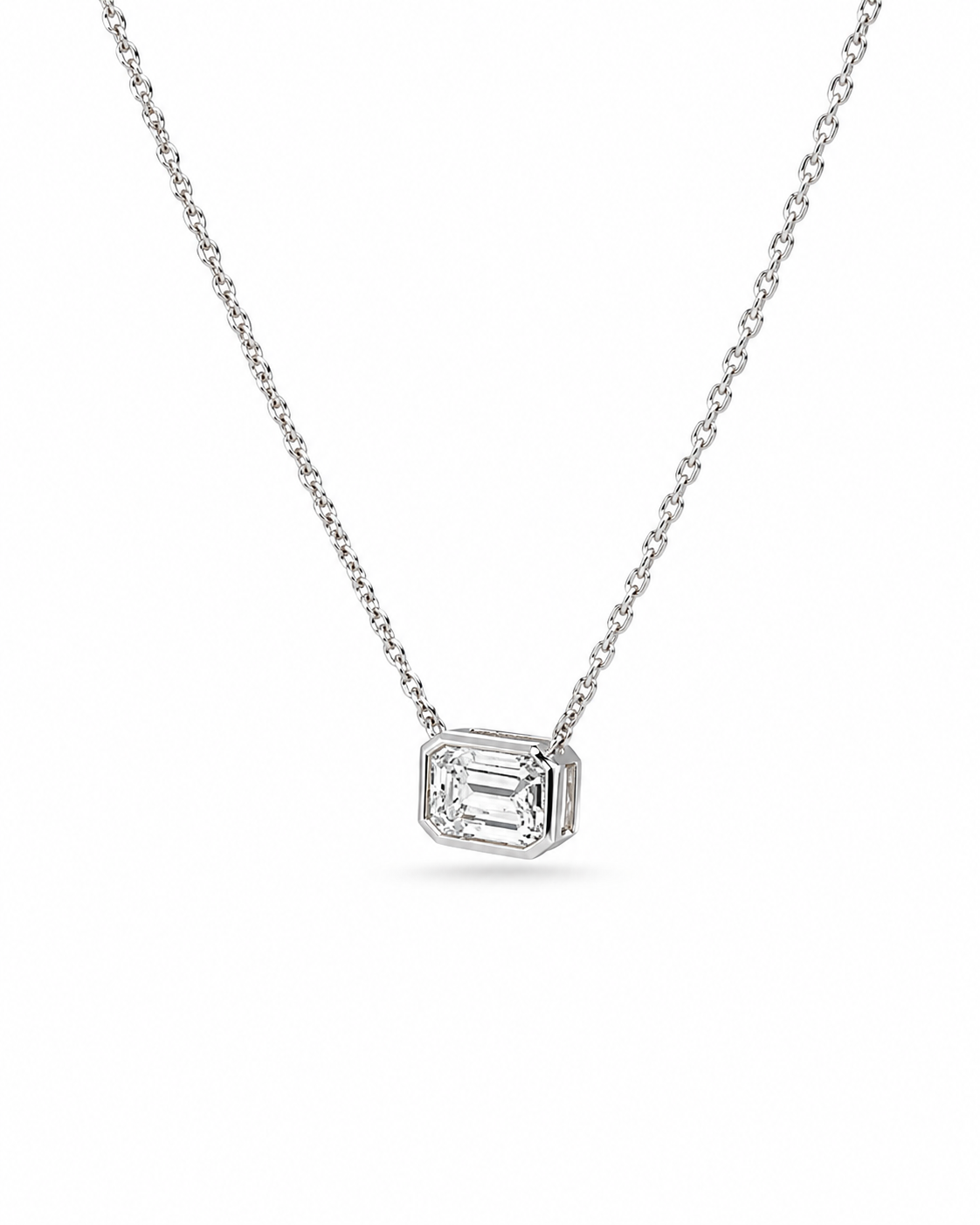 14K White Gold Emerald-Cut Solitaire Necklace