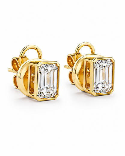 Emerald-Cut Diamond Stud Earrings in Yellow Gold Bezel Setting