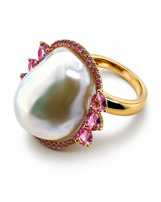 18K Yellow Gold Baroque Pearl & Pink Sapphire Statement Ring