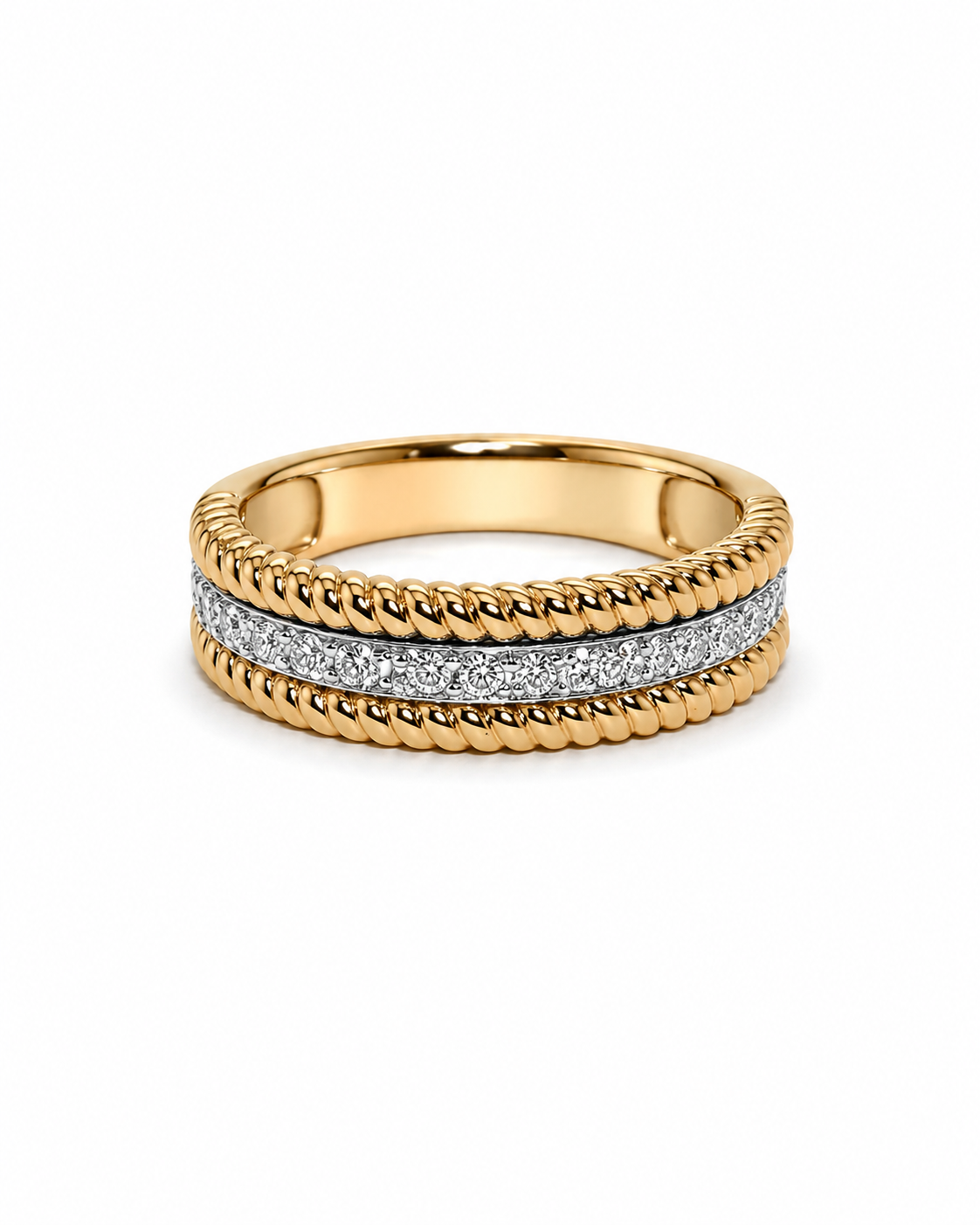 Two-Tone Gold Diamond Rope-Edge Band Ring