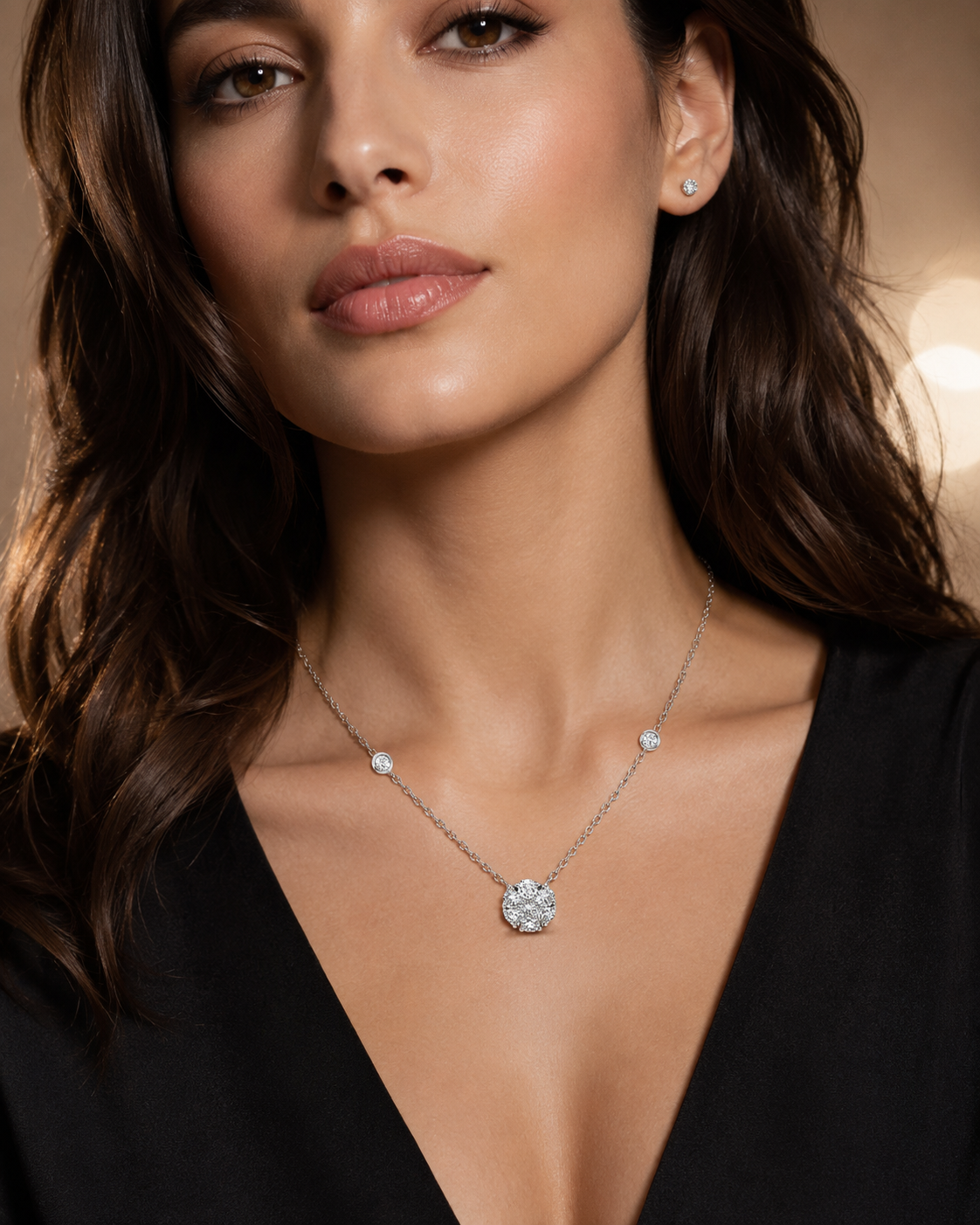 White Gold Diamond Floral Cluster Station Necklace