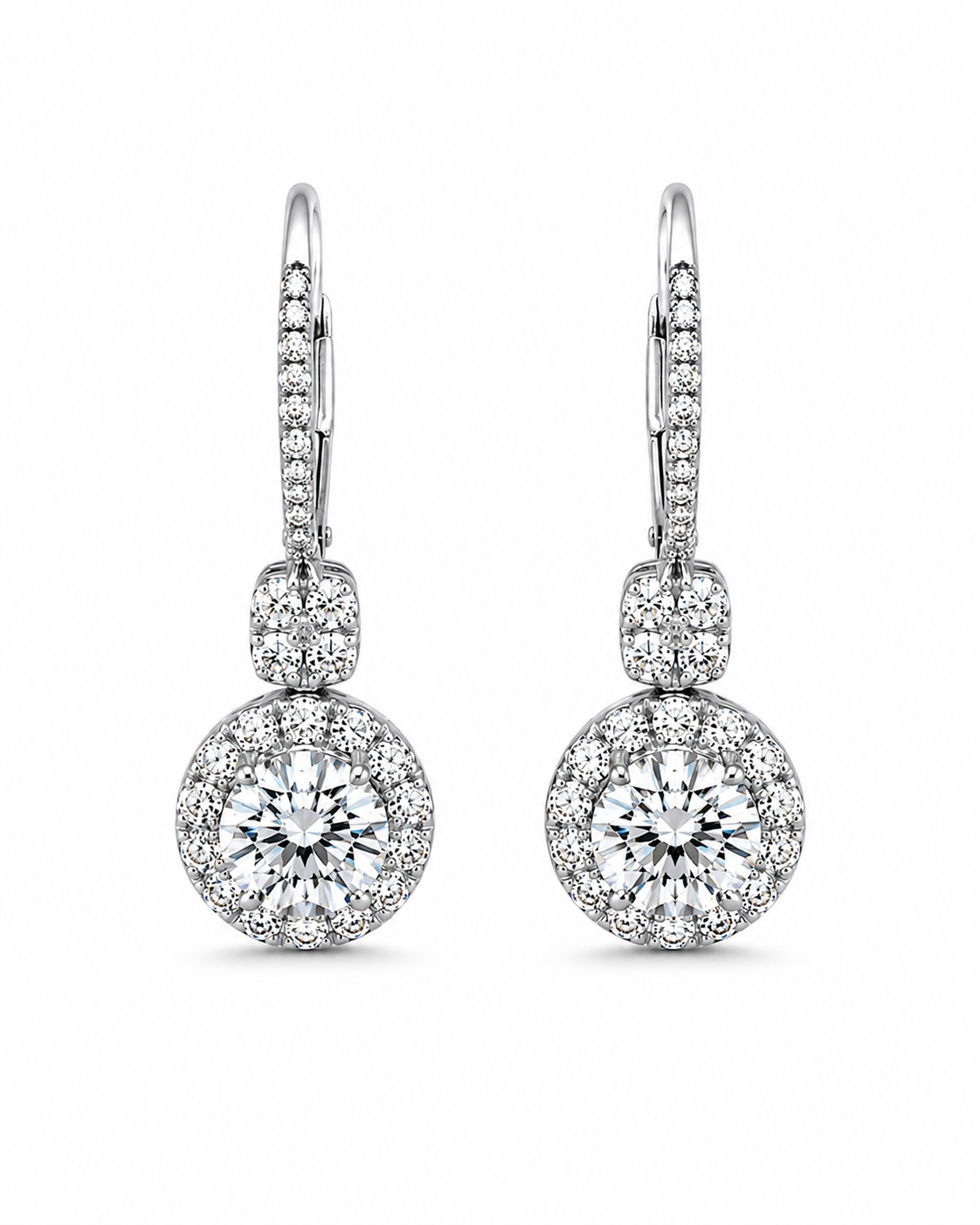 Round Halo Diamond Drop Earrings in White Gold