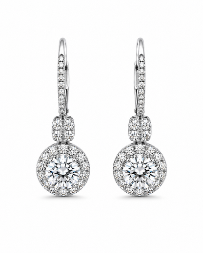 Round Halo Diamond Drop Earrings in White Gold