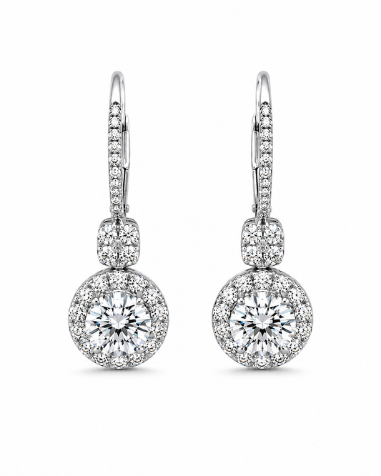 Round Halo Diamond Drop Earrings in White Gold