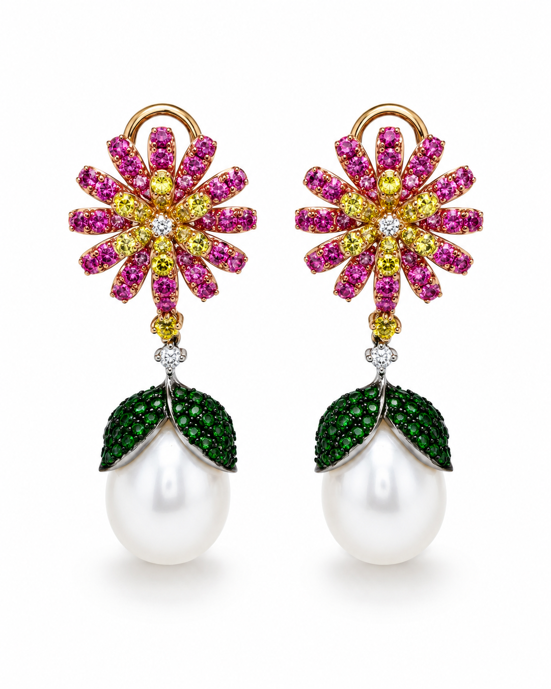 Multicolor Floral Gemstone & Pearl Drop Earrings