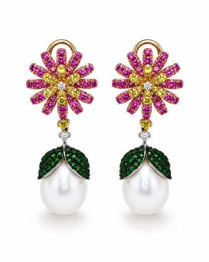 Multicolor Floral Gemstone & Pearl Drop Earrings