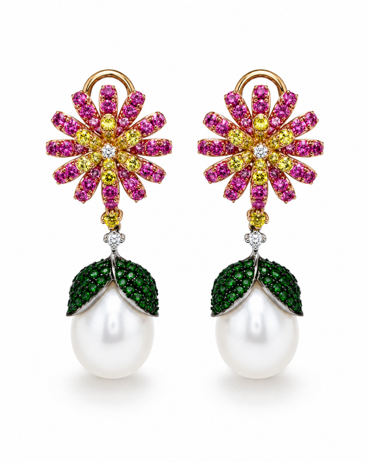 Multicolor Floral Gemstone & Pearl Drop Earrings