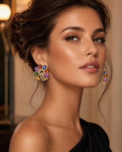 Rainbow Sapphire Floral Gold Earrings