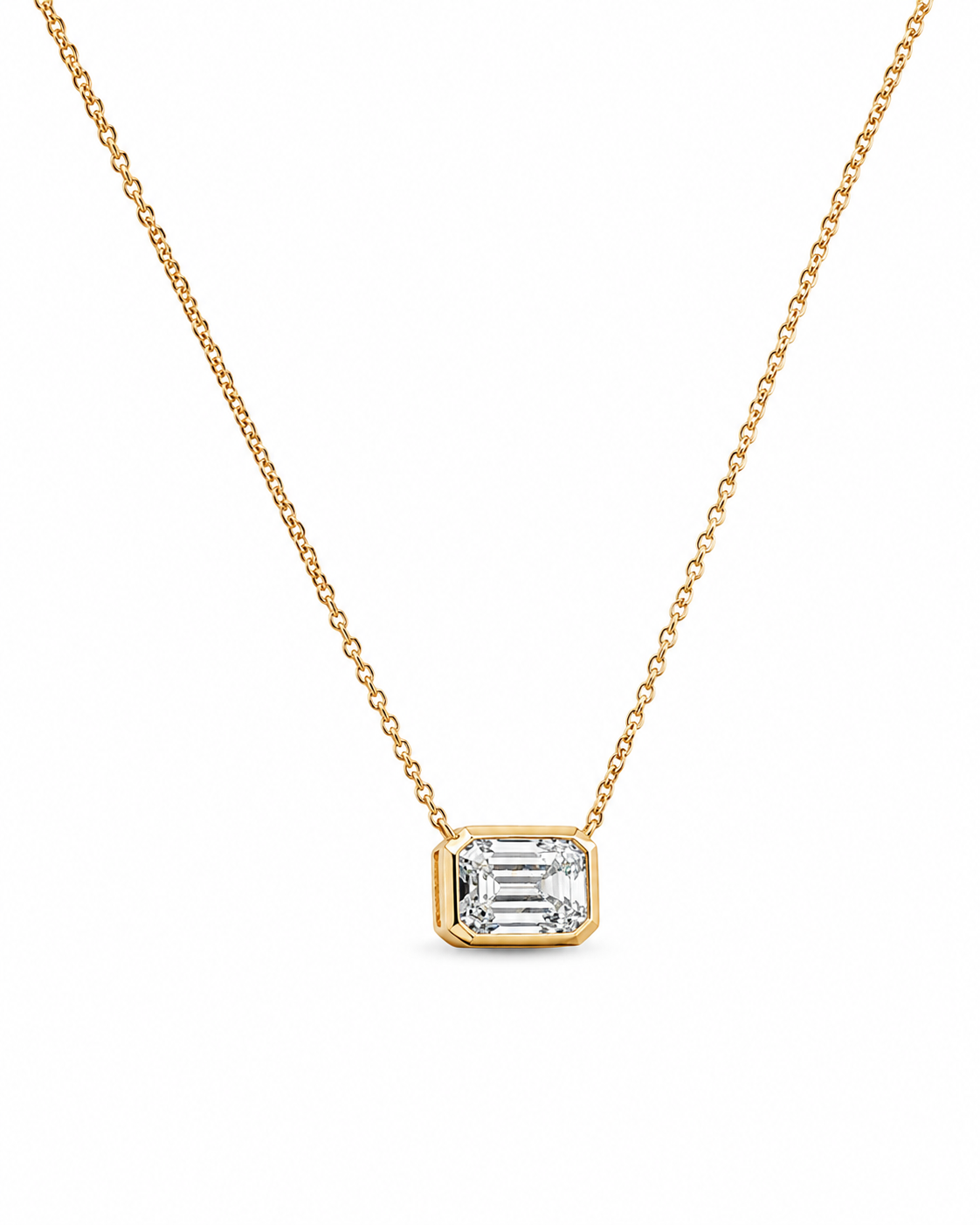 Emerald-Cut Diamond Bezel Pendant Necklace in Yellow Gold