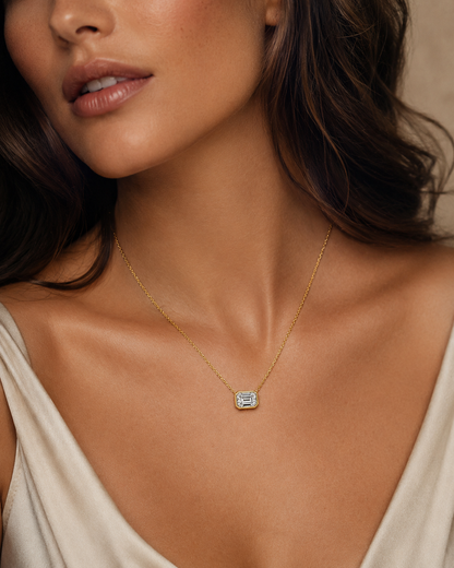 Emerald-Cut Diamond Bezel Pendant Necklace in Yellow Gold