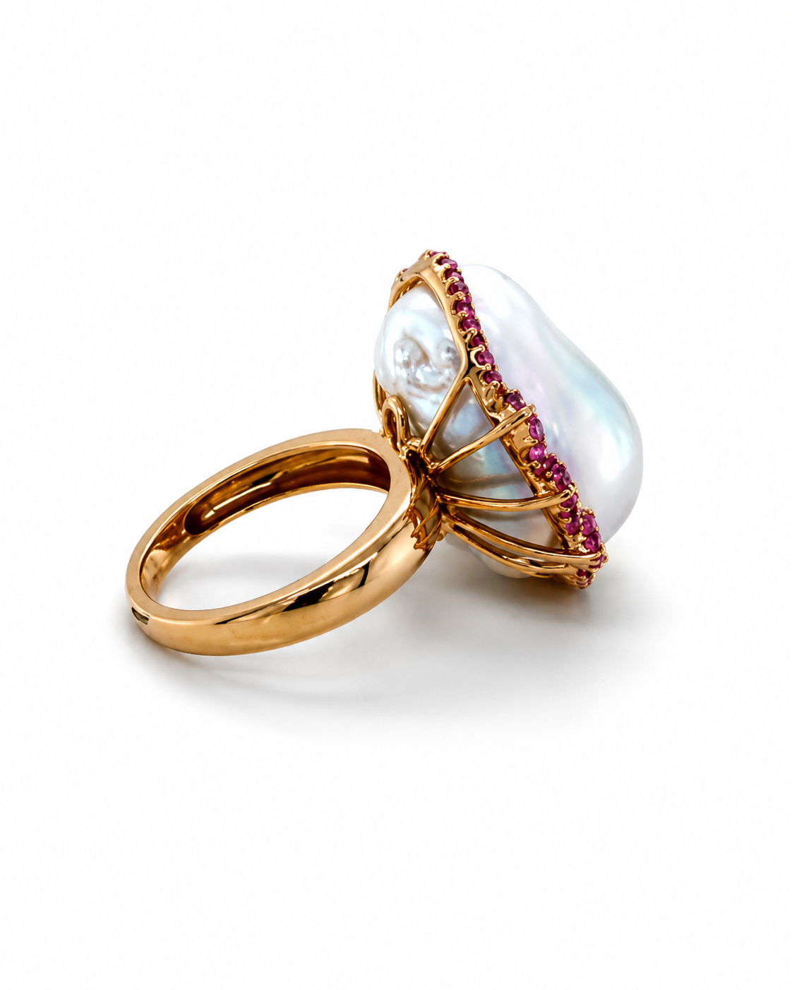 18K Yellow Gold Baroque Pearl & Pink Sapphire Statement Ring