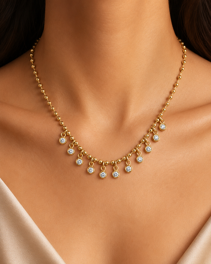 Yellow Gold Beaded Necklace with Eleven Diamond Drops