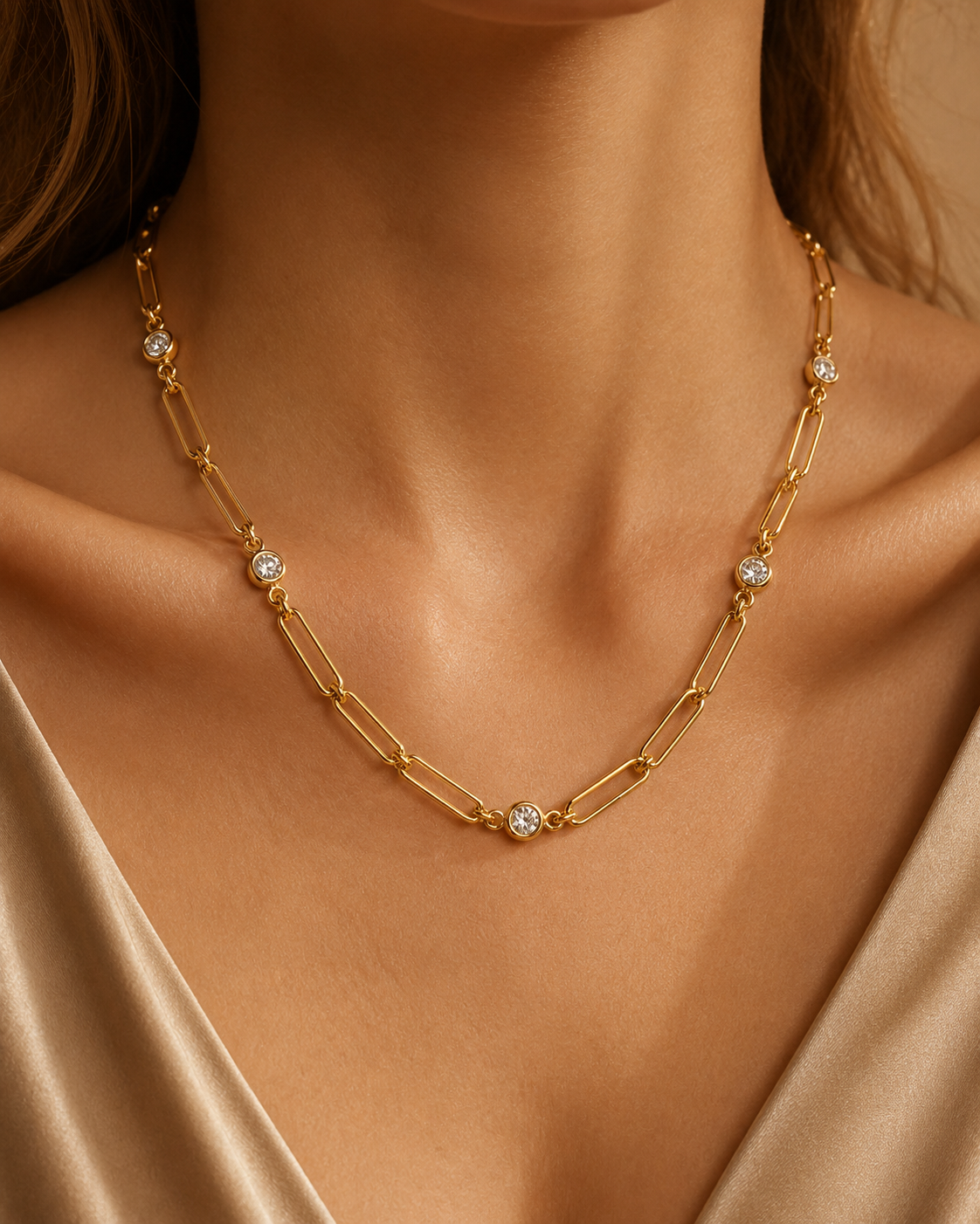 Yellow Gold Paperclip Link Necklace with Bezel-Set Diamonds