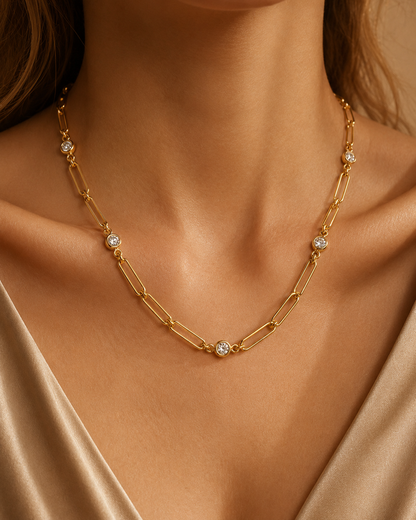 Yellow Gold Paperclip Link Necklace with Bezel-Set Diamonds
