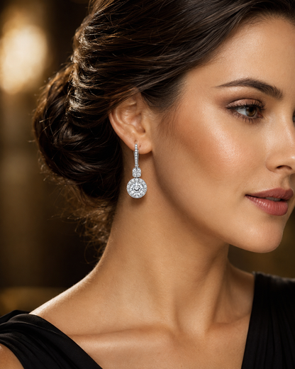 Round Halo Diamond Drop Earrings in White Gold